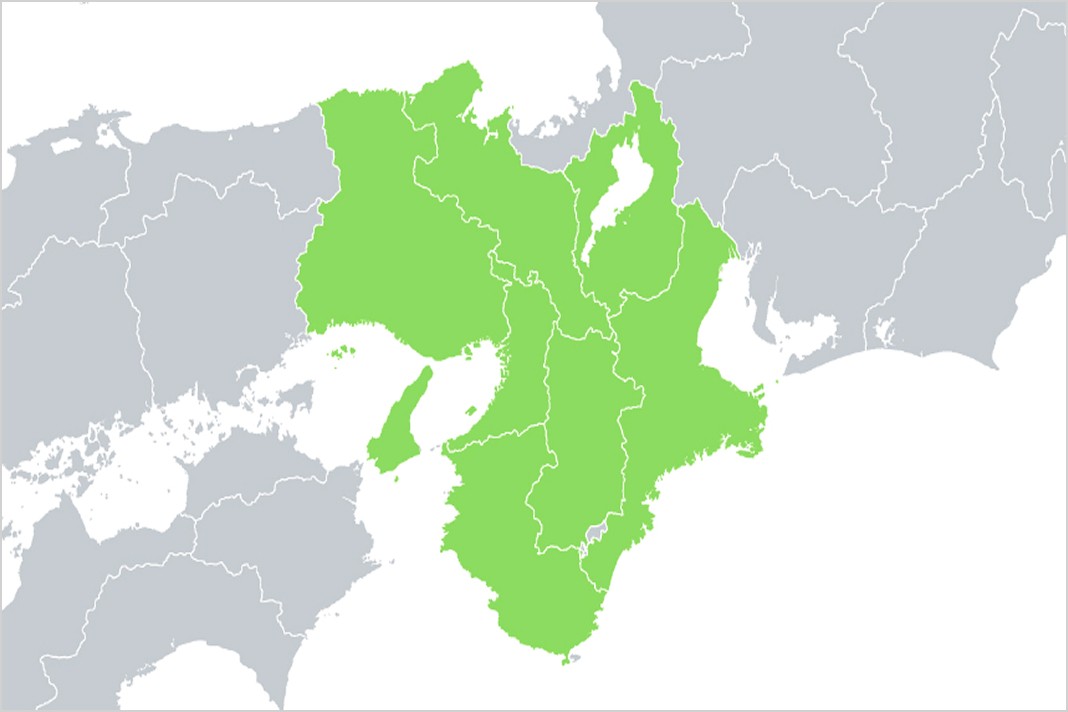 大阪、京都、兵庫、奈良、滋賀、和歌山、三重の関西エリア一帯が緑色で強調表示された地図イラスト